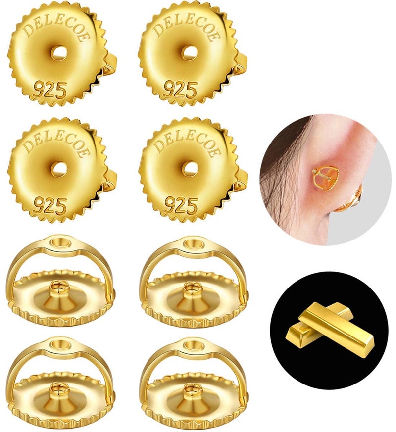 DELECOE 14K Gold Screw On Earring Backs for Diamond Studs - 925 Sterling Silver Hypoallergenic Screw Backs Replacement - Fit Post Sizes .032'/0.8mm - 4-Pairs - Image 1